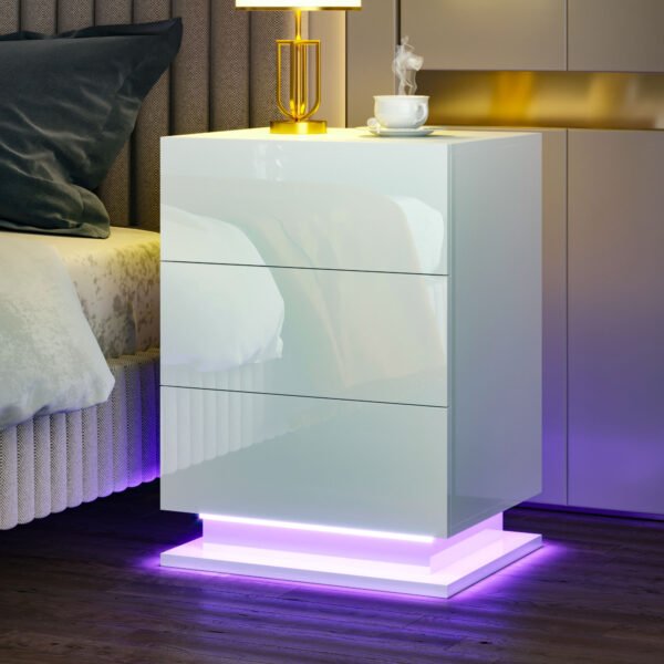 LED Nightstand with 3 Drawers, High Gloss Bedside Tables for Bedroom - Image 2