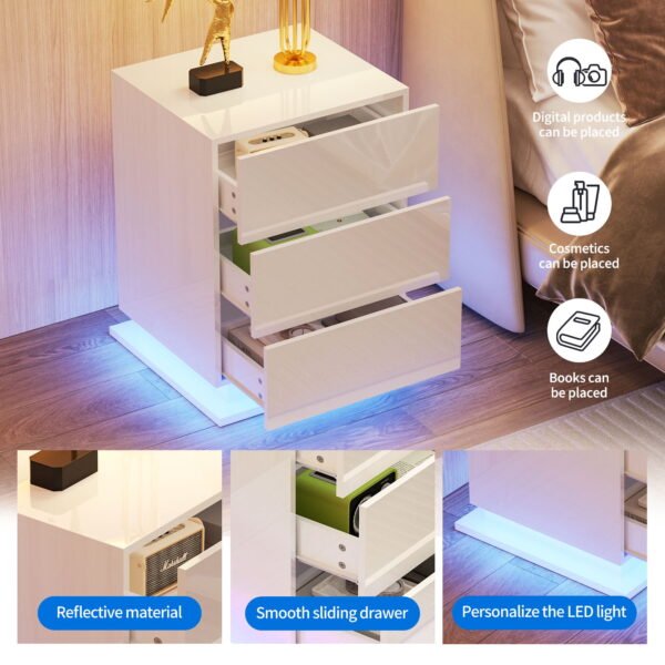 LED Nightstand with 3 Drawers, High Gloss Bedside Tables for Bedroom - Image 6