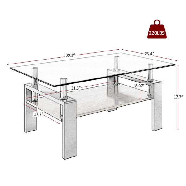 Modern Coffee Table with Tempered Glass Top, MDF Shelf and Metal Legs, Two-Tier Living Room Table, Sturdy Coffee Table for Small Spaces, Lounge, or Office - Image 4