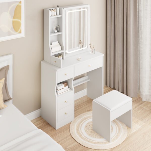 Small Space Left Drawer Desktop Vanity Table + Cushioned Stool, Extra Large Touch Control Sliding LED Mirror, Tri-color Switching, Brightness Adjustable, Suitable for Girls No More Than 5.6ft Tall - Image 6