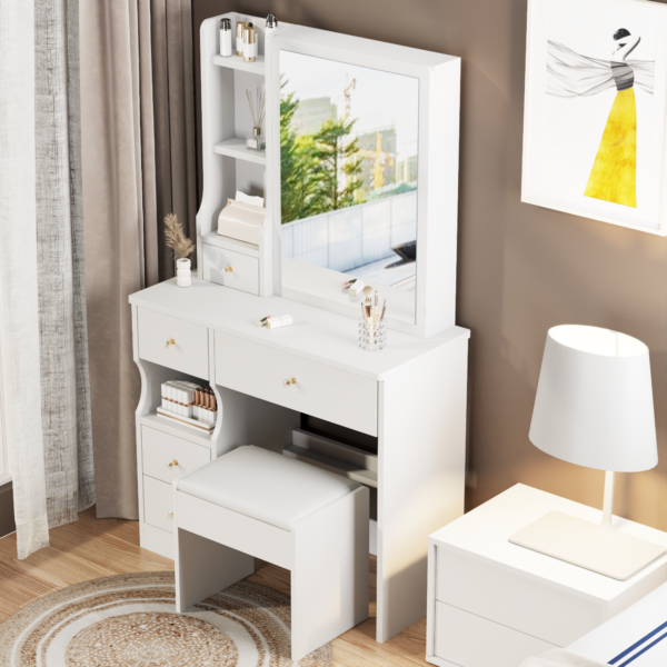 Small Size Left Drawer Desktop Vanity Table + Cushioned Stool, Extra Large Sliding Mirror, Multi Layer, High Capacity Storage Fashionable Dresser, Suitable for Small Space - Image 3