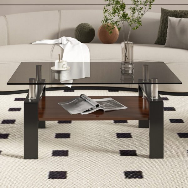 Modern Coffee Table with Tempered Glass Top, MDF Shelf and Metal Legs, Two-Tier Living Room Table, Sturdy Coffee Table for Small Spaces, Lounge, or Office