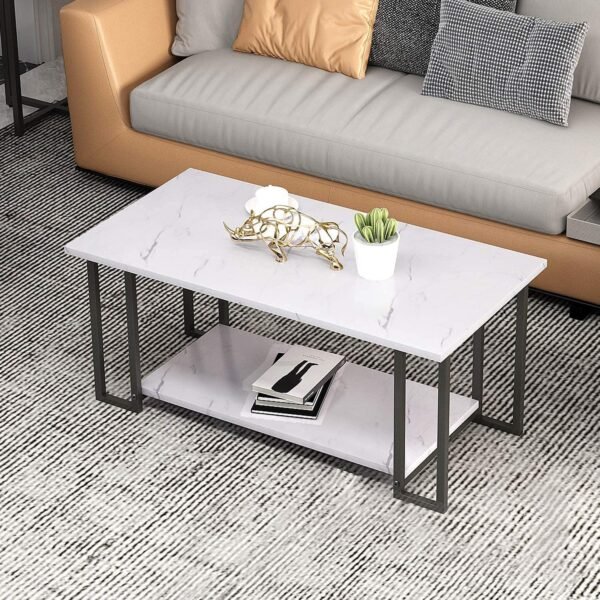 Faux Coffee Living Room, Metal Legs Frame Marble Texture 2-Tier Cocktail Table with Large Storage Bedroom - Image 3