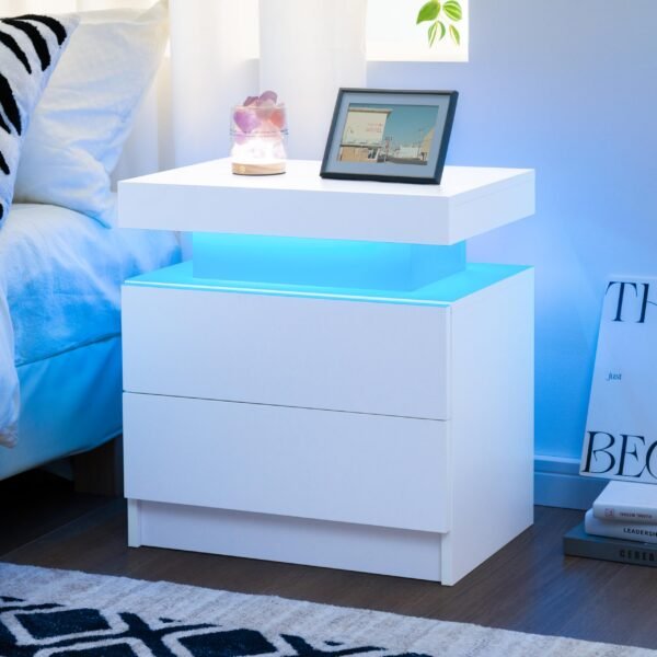 Nightstand LED Bedside Table for Bedroom Modern Night Stand with 2 Wood Drawers End Side Table for Bedroom