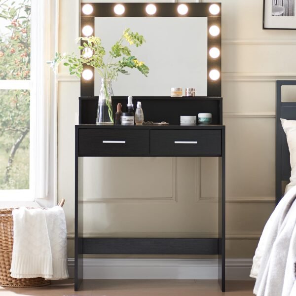 Vanity Desk with Mirror and Lights, Dressing Table with Large Drawer, 2 Level Storage Dresser & 3 Lighting Modes Adjustable Brightness, Suitable for Bedroom