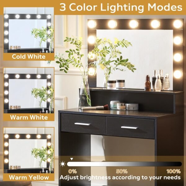 Vanity Desk with Mirror and Lights, Dressing Table with Large Drawer, 2 Level Storage Dresser & 3 Lighting Modes Adjustable Brightness, Suitable for Bedroom - Image 2