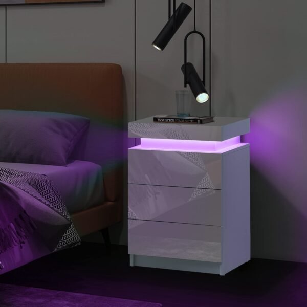 Modern Nightstands with LED Light, Smart Bedside Table with 3 Drawers and Flip Top Storage Cabinet, High Gloss Side Table End Table for Bedroom