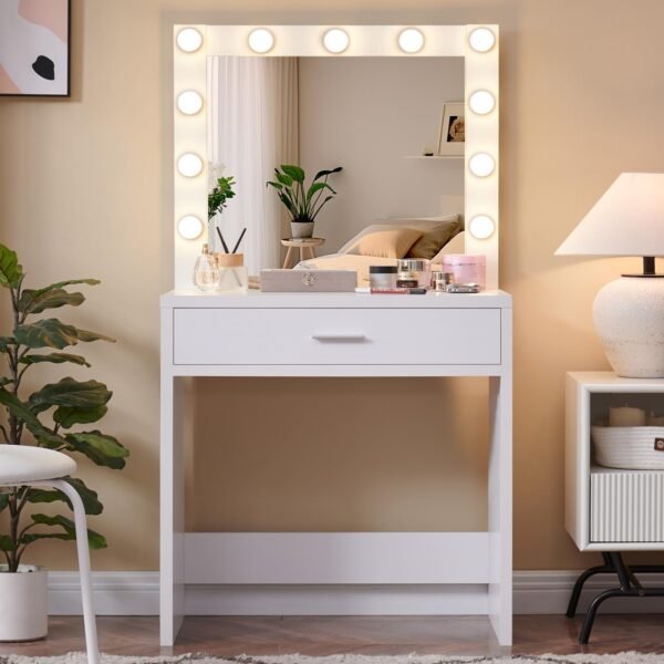 Vanity Desk with Mirror and Lights, Dressing Table with Large Drawer, 1 Level Storage Dresser & 3 Lighting Modes Adjustable Brightness, Suitable for Bedroom