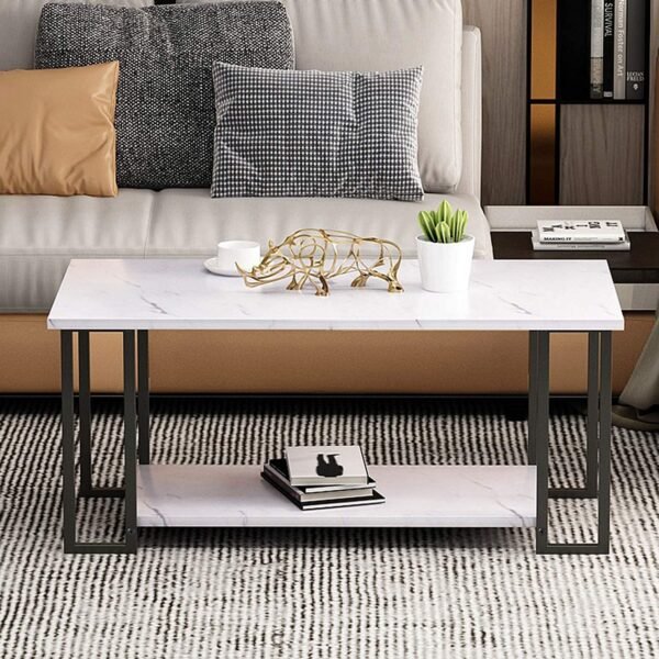 Faux Coffee Living Room, Metal Legs Frame Marble Texture 2-Tier Cocktail Table with Large Storage Bedroom - Image 2