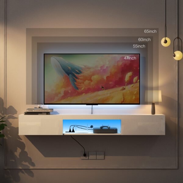 Wall Mounted Floating Wood TV Stand with Storage Cabinet for 50 55 60 65 Inch TV, TV Stand for Bedroom Living Room with 16 Color LED Lights, Mid Century Modern TV Stand - Image 3