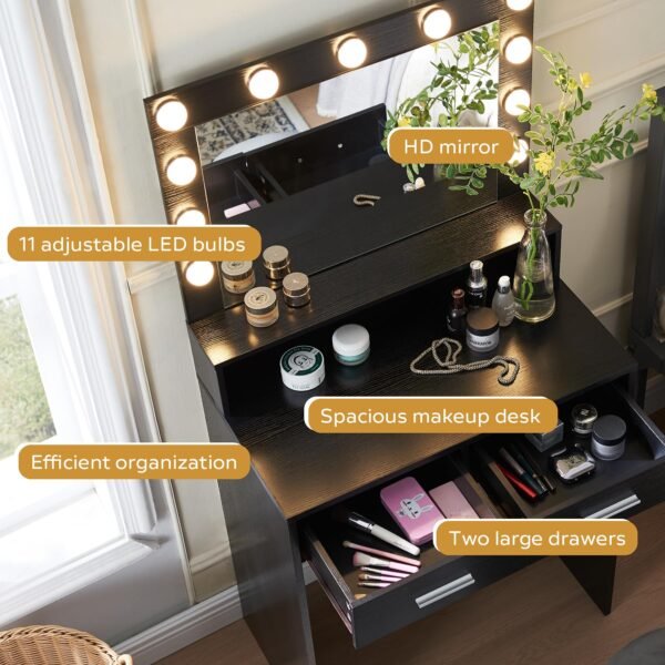 Vanity Desk with Mirror and Lights, Dressing Table with Large Drawer, 2 Level Storage Dresser & 3 Lighting Modes Adjustable Brightness, Suitable for Bedroom - Image 3