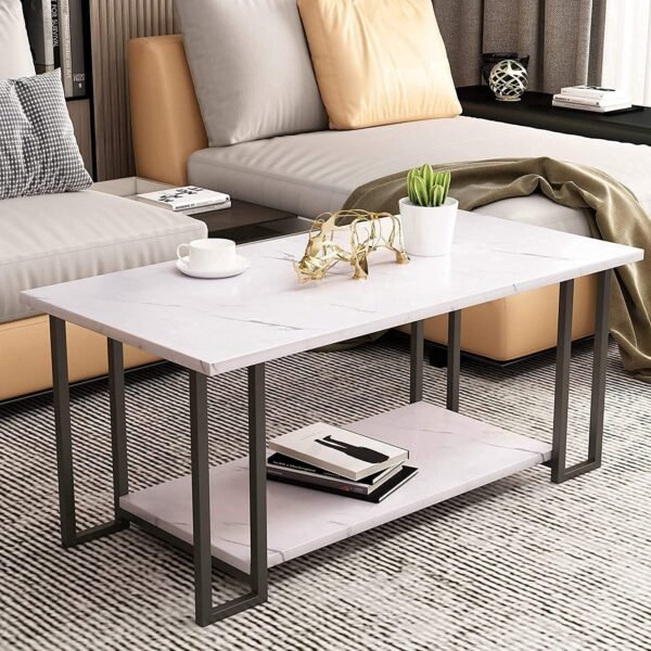 Faux Coffee Living Room, Metal Legs Frame Marble Texture 2-Tier Cocktail Table with Large Storage Bedroom