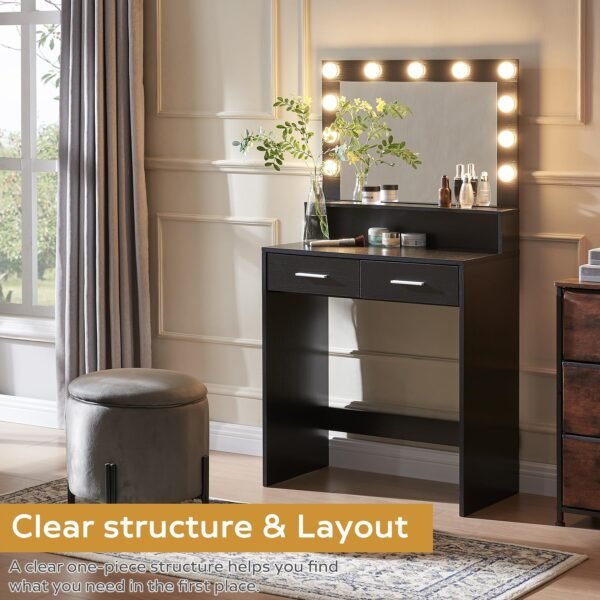 Vanity Desk with Mirror and Lights, Dressing Table with Large Drawer, 2 Level Storage Dresser & 3 Lighting Modes Adjustable Brightness, Suitable for Bedroom - Image 4