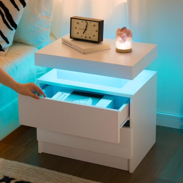 Nightstand LED Bedside Table for Bedroom Modern Night Stand with 2 Wood Drawers End Side Table for Bedroom - Image 2