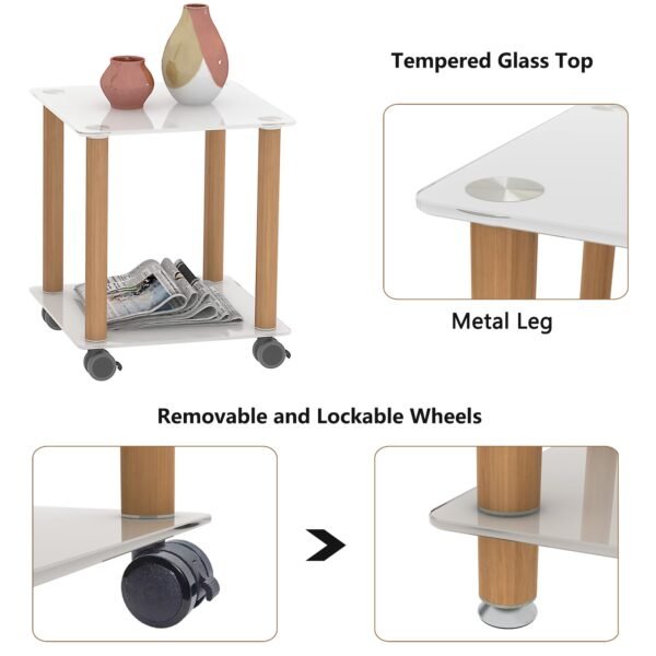 Bedside Table,Side Table with Wheels,Rolling Side Table, Modern 2 Tier Side Table with Storage Shelf - Image 4