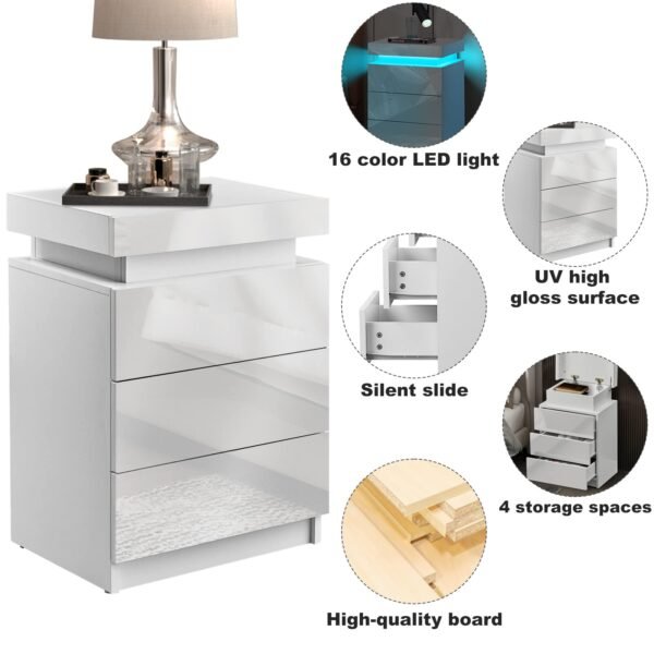 Modern Nightstands with LED Light, Smart Bedside Table with 3 Drawers and Flip Top Storage Cabinet, High Gloss Side Table End Table for Bedroom - Image 3