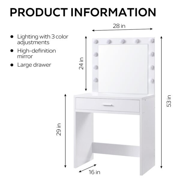 Vanity Desk with Mirror and Lights, Dressing Table with Large Drawer, 1 Level Storage Dresser & 3 Lighting Modes Adjustable Brightness, Suitable for Bedroom - Image 5