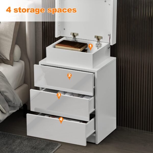 Modern Nightstands with LED Light, Smart Bedside Table with 3 Drawers and Flip Top Storage Cabinet, High Gloss Side Table End Table for Bedroom - Image 5